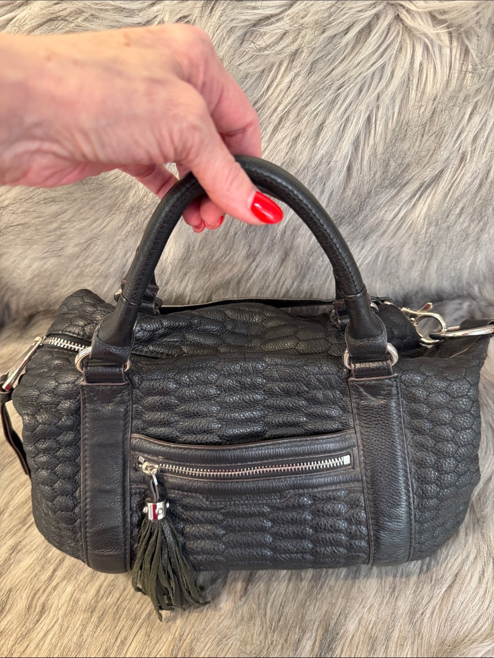 Aimee Kestenberg Women’s Black Textured Leather Satchel/Shoulder Bag with tassel